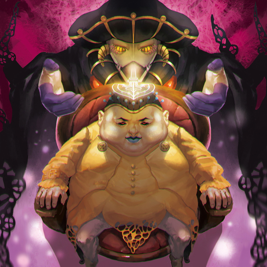 aruolrn, black_sabbath_(stand), blue_lipstick, chair, double_chin, fat_man, from_above, highres