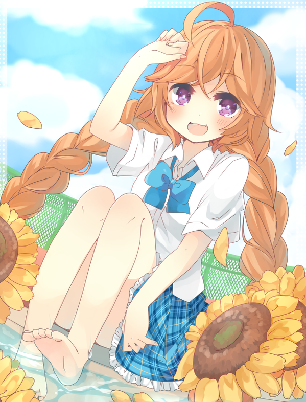 artist_request, braid, flower, girlfriend_(kari), orange_hair, school_uniform, sunflower, suzukawa_rino, tagme, twin_braids, violet_eyes