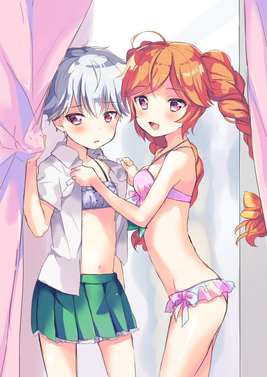 absurdres, artist_request, bra, braid, girlfriend_(kari), grey_hair, highres, kimijima_satoru, open_clothes, open_shirt, orange_hair, pleated_skirt, shirt, skirt, suzukawa_rino, tagme, twin_braids, underwear, violet_eyes