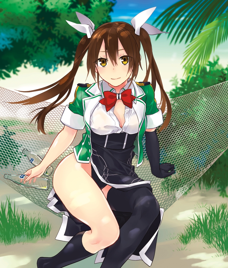 1girl, asymmetrical_legwear, brown_eyes, brown_hair, hair_between_eyes, hair_ribbon, hammock, jacket, kantai_collection, long_hair, looking_at_viewer, open_clothes, open_jacket, palm_tree, pelvic_curtain, remodel_(kantai_collection), ribbon, single_elbow_glove, single_thighhigh, smile, soda_bottle, solo, thigh-highs, tone_(kantai_collection), tree, tsuneo, twintails