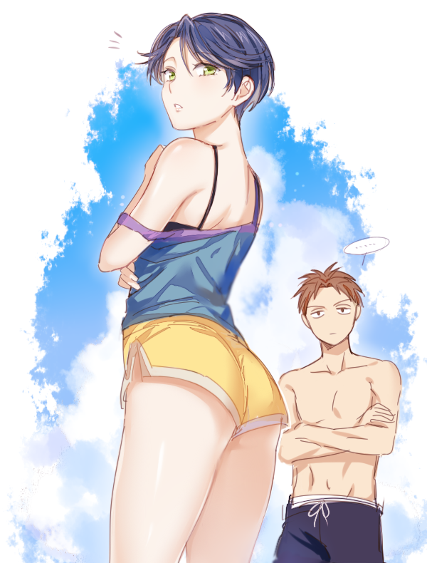 1boy, 1girl, apfl0515, ass, blue_hair, brown_eyes, brown_hair, gekkan_shoujo_nozaki-kun