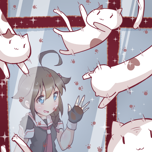 1girl, against_glass, ahoge, batsubyou, black_hair, blue_eyes, braid, cat