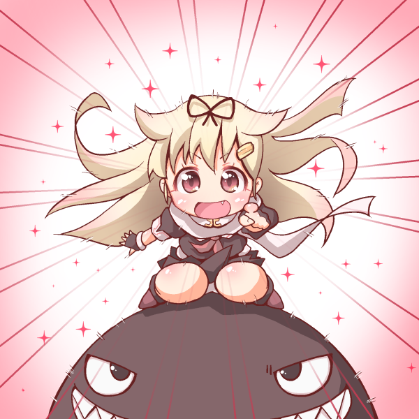 >:d, 1girl, :d, brown_eyes, brown_hair, bullet_bill, crossover, hair_ornament, hair_ribbon, hairband, hairclip, kantai_collection, long_hair, looking_at_viewer, super_mario_bros., open_mouth, oyatsu_(jzs_137), pointing, pointing_at_viewer, ribbon, scarf, school_uniform, serafuku, sitting, smile, sparkle, super_mario_bros., wariza
