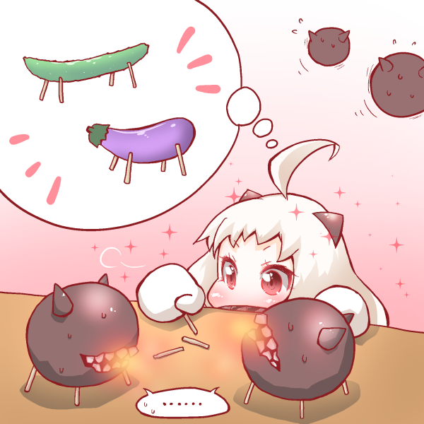 ..., 1girl, ahoge, eggplant, enemy_aircraft_(kantai_collection), horns, imagining, kantai_collection