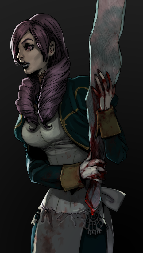 1girl, apron, black_background, blood, blood_on_clothes, bloody_hands, blue_lipstick, bow