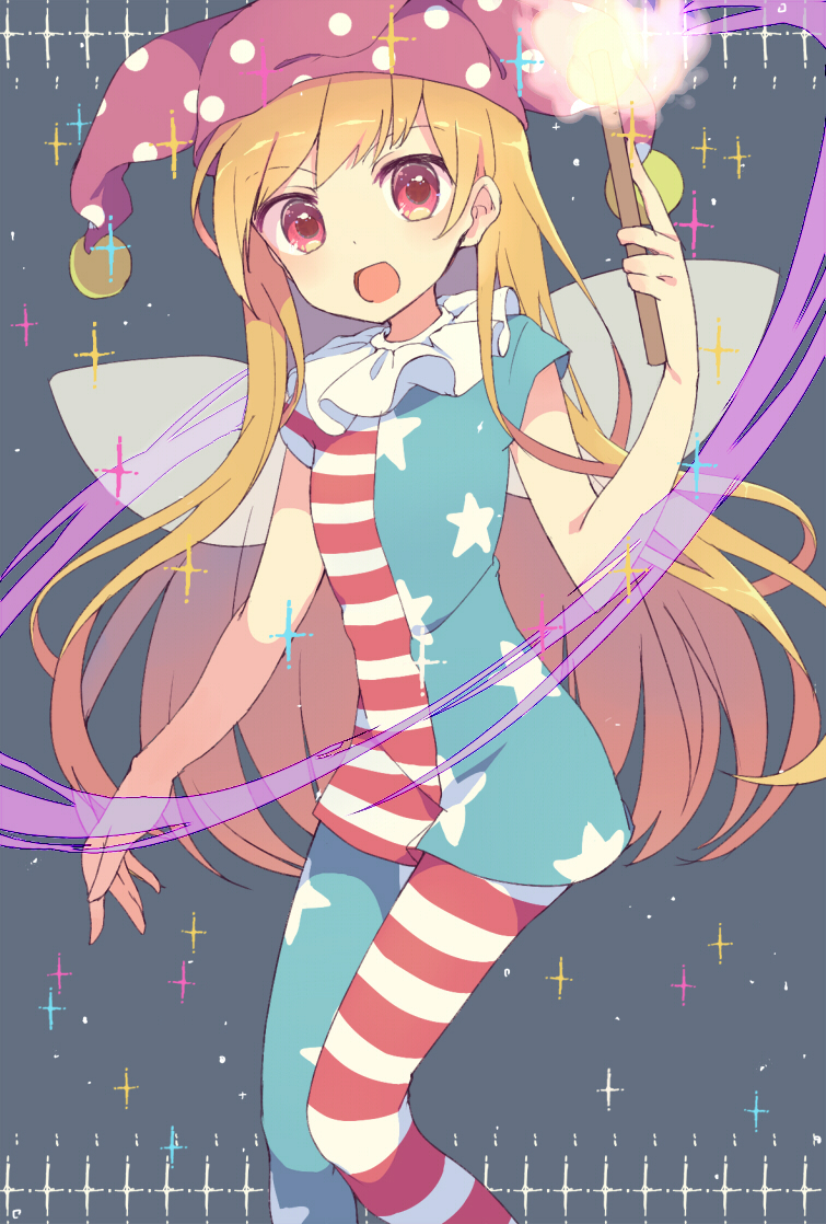 1girl, :d, american_flag_legwear, american_flag_shirt, blonde_hair, blue_legwear, busujima_(kusahana), clownpiece, fairy_wings, hat, holding, jester_cap, long_hair, open_mouth, pantyhose, red_eyes, red_legwear, smile, solo, star, striped, striped_legwear, torch, touhou, vertical-striped_legwear, vertical_stripes, wings