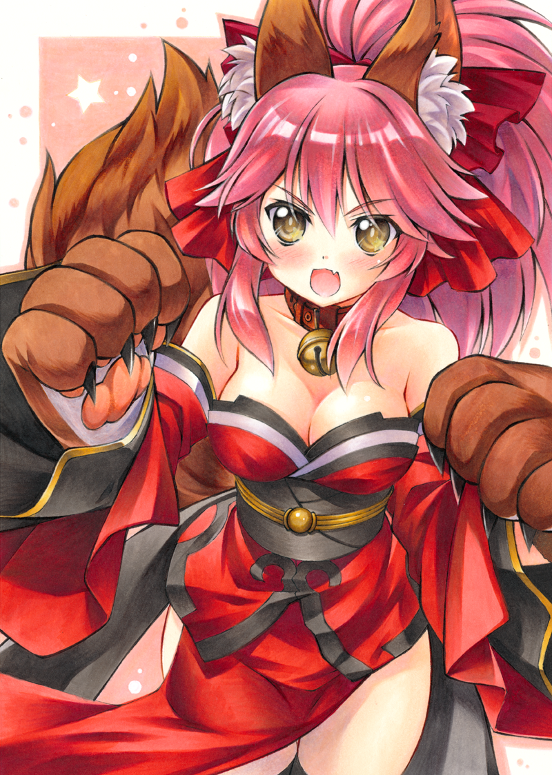 >:d, 1girl, :d, acrylic_paint_(medium), animal_ears, bare_shoulders, bell, bell_collar