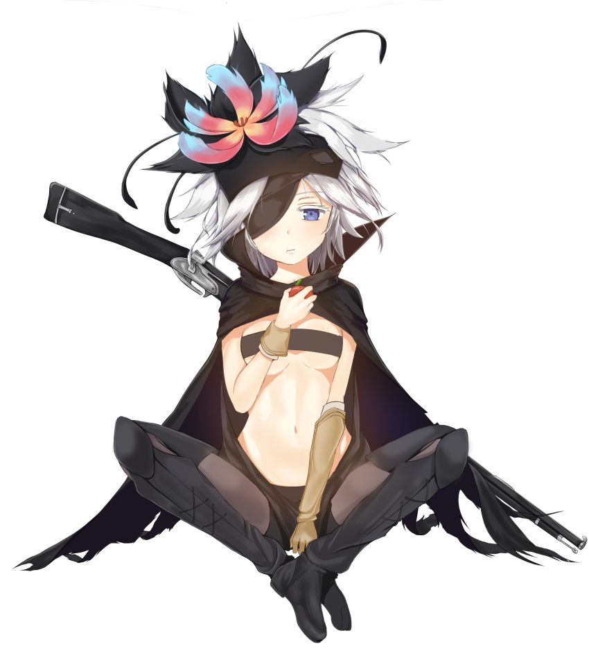 1girl, absurdres, blue_eyes, breasts, cape, eyepatch, flower, fremy_speeddraw, gloves, gun, hair_flower, hair_ornament, hairband, highres, midriff, pantyhose, rokka_no_yuusha, short_hair, simple_background, solo, weapon, white_background, white_hair