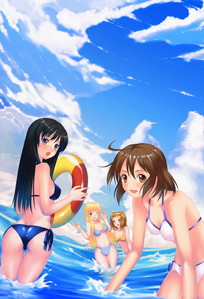 akiyama_mio, bad_id, bikini, black_hair, blonde_hair, blue_eyes, brown_eyes, brown_hair