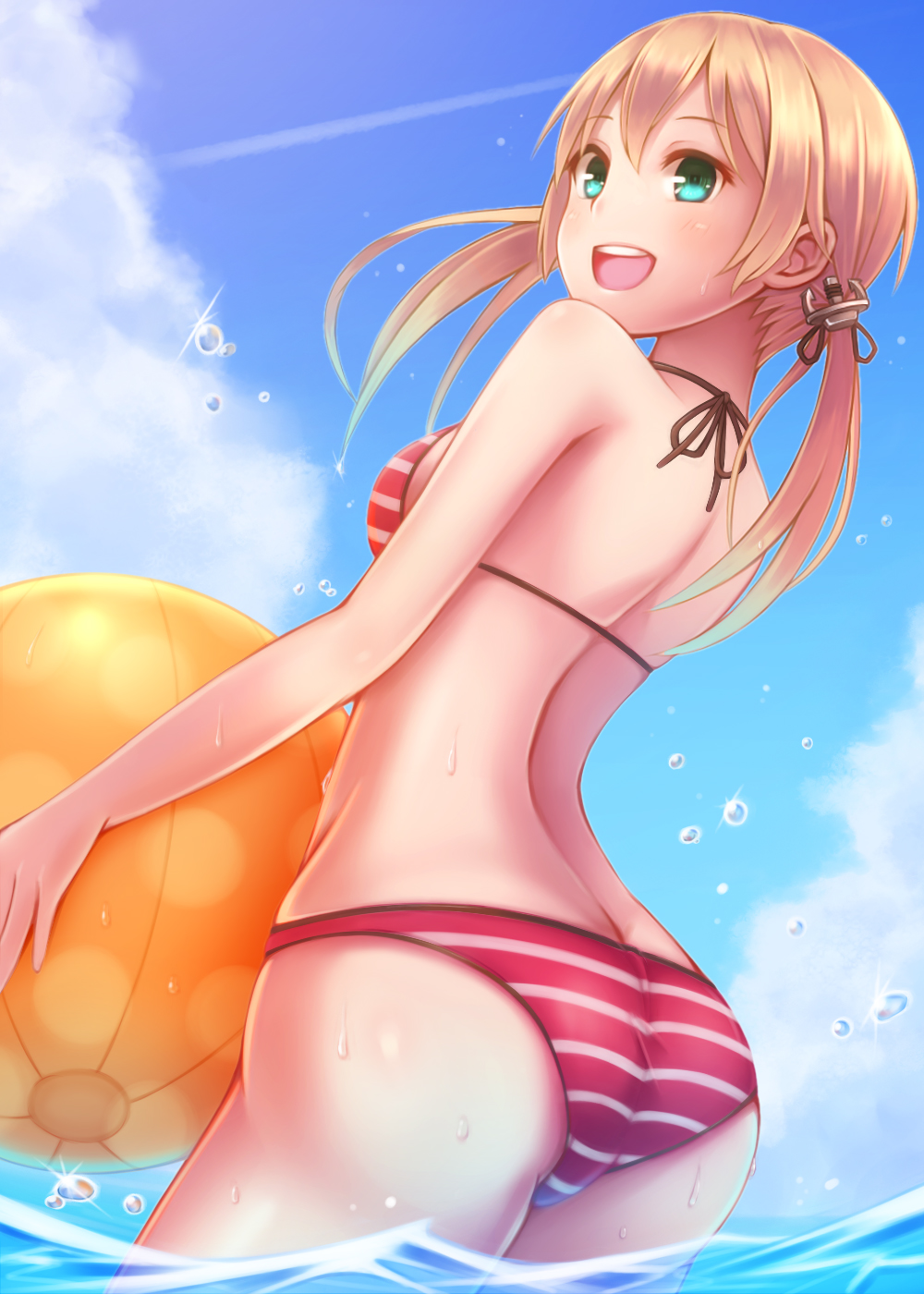 1girl, ball, beachball, bikini, blonde_hair, breasts, highres, kantai_collection