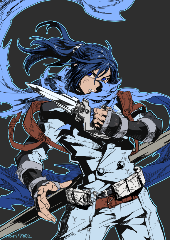 1boy, blue_eyes, blue_hair, indesign, long_hair, ponytail, scarf, solo