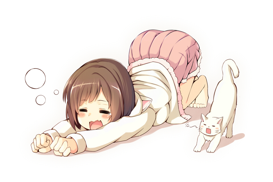 1girl, animal, barefoot, blush, brown_hair, cat, closed_eyes, fang