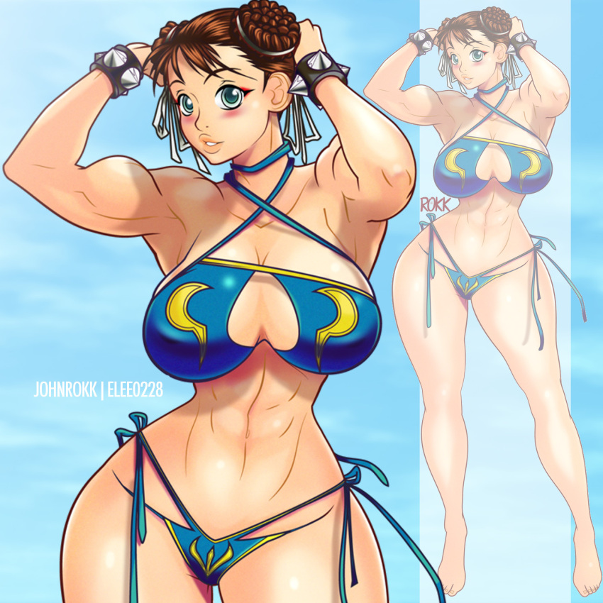 1girl, abs, adapted_costume, barefoot, bikini, blue_bikini, blush, bracelet, breasts, brown_hair, choker, chun-li, cleavage, criss-cross_halter, double_bun, eyeliner, full_body, hair_ribbon, halter_top, halterneck, highres, huge_breasts, jewelry, johnrokk, makeup, musical_note, ribbon, ribbon_choker, short_hair, side-tie_bikini, slender_waist, solo, spiked_bracelet, spikes, street_fighter, swimsuit, zoom_layer