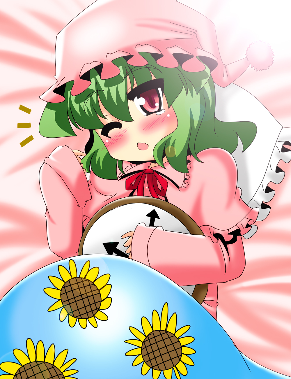 1girl, akasode_(tyaramu), clock, green_hair, hat, highres, kazami_yuuka, kazami_yuuka_(pc-98), looking_at_viewer, nightcap, nightgown, one_eye_closed, red_eyes, short_hair, solo, teardrop, touhou