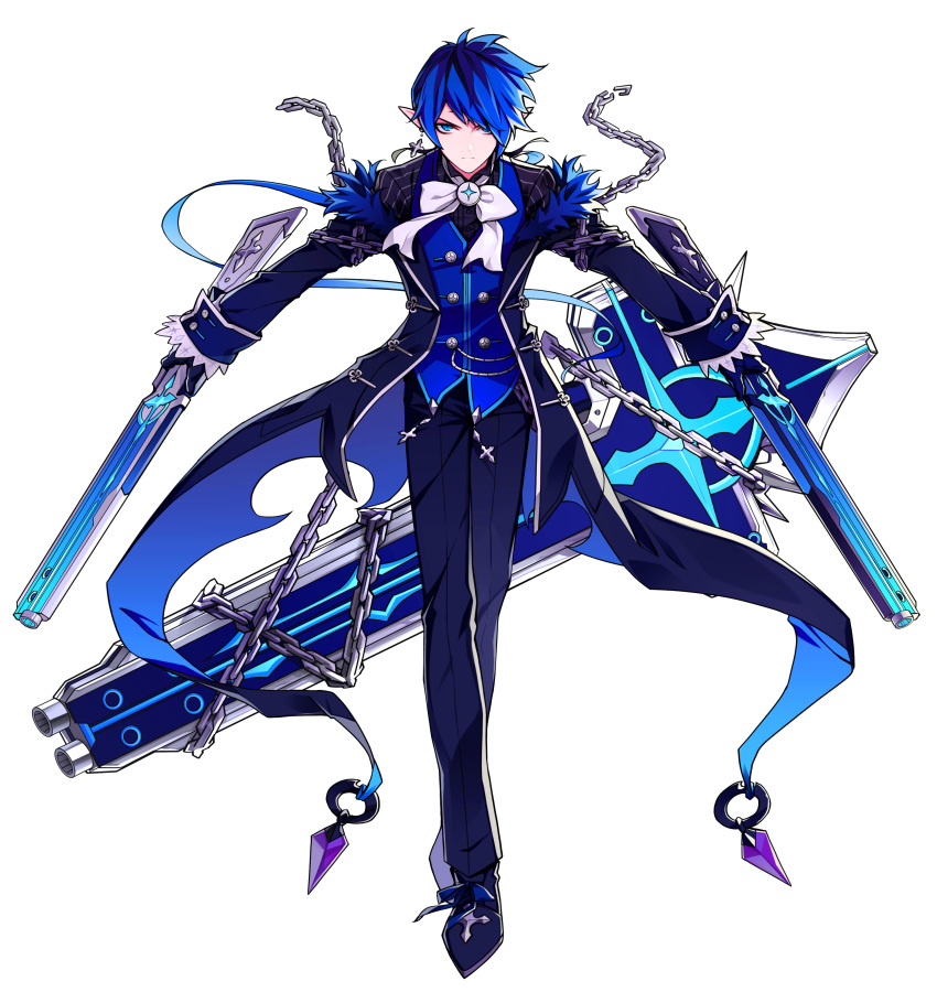 1boy, absurdres, aiguillette, artist_request, black_gloves, black_shoes, blue_eyes, blue_hair, bow, brooch, butler, chain, ciel_(elsword), dual_wielding, elsword, gloves, gun, highres, jacket, jewelry, male_focus, official_art, outstretched_arms, pants, pointy_ears, royal_guard_(elsword), serious, shoes, solo, spread_arms, weapon, white_bow