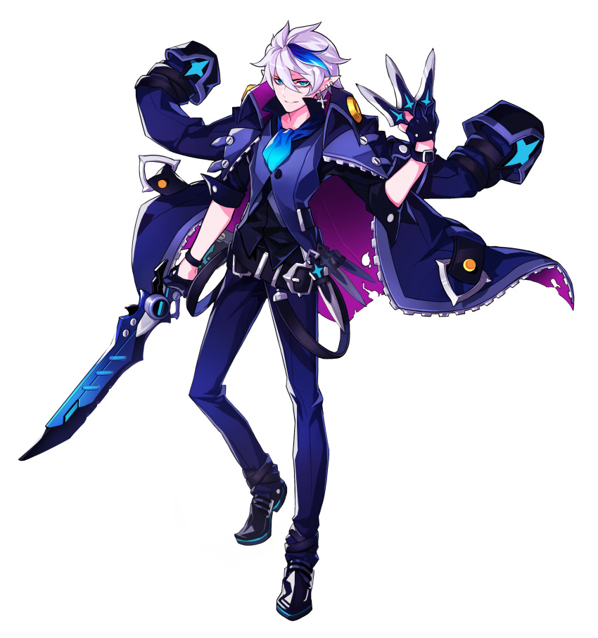 1boy, absurdres, belt, black_gloves, black_shoes, blue_eyes, blue_hair, ciel_(elsword)
