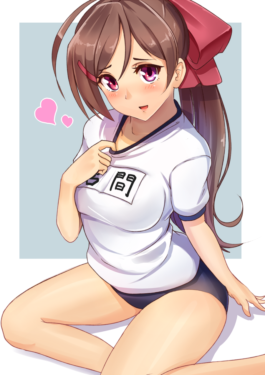 1girl, ahoge, blush, bow, breasts, brown_hair, buruma, gym_uniform