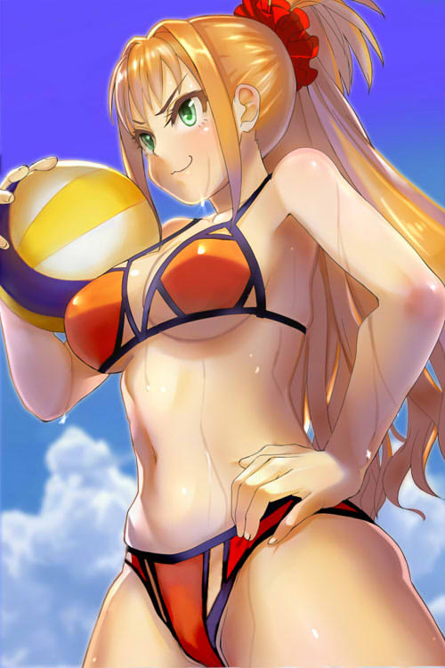 1girl, bikini, breasts, clouds, cowboy_shot, green_eyes, hand_on_hip, high_ponytail