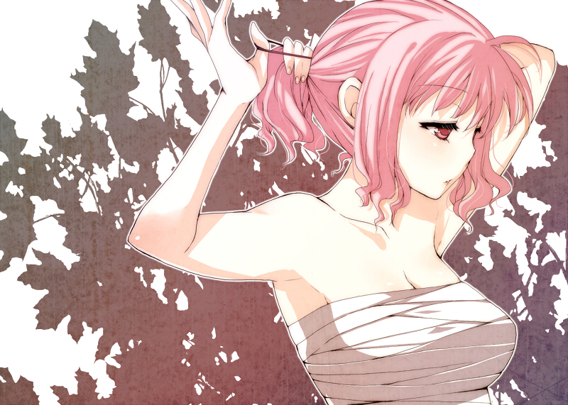 bare_shoulders, breasts, bust, expressionless, hairdressing, large_breasts, leaf, leaf_background