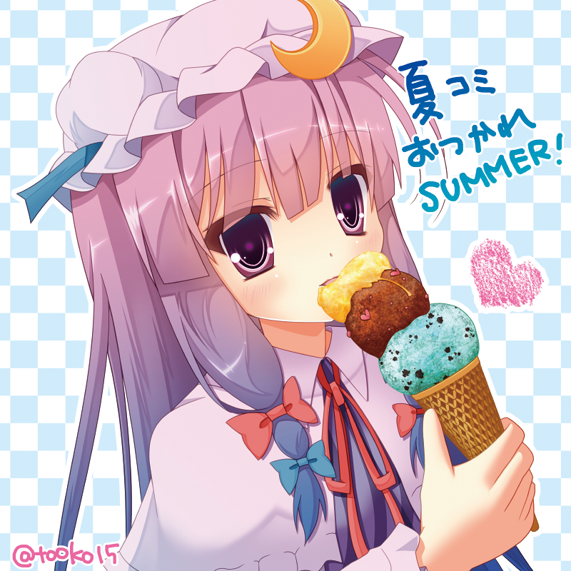 15_(tooka), 1girl, bow, checkered, checkered_background, crescent_hair_ornament, double_bun, eating