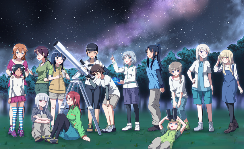 6+girls, :d, binoculars, black_hair, black_legwear, blonde_hair, blue_eyes, blue_hair