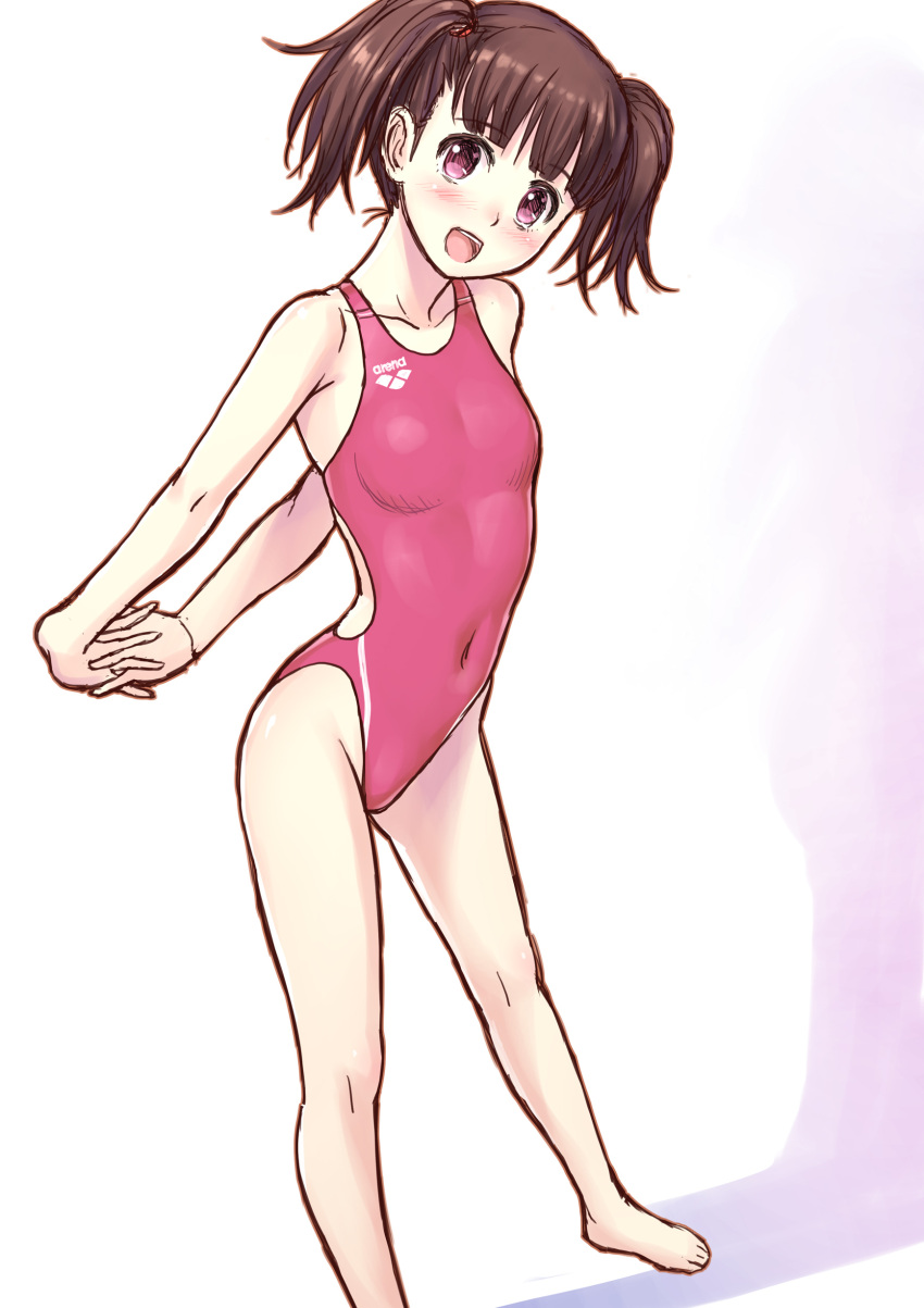 1girl, absurdres, arena_(company), brown_hair, competition_swimsuit, highres, kuri_(kurigohan), long_hair, one-piece_swimsuit, original, red_eyes, standing, stretch, swimsuit, twintails