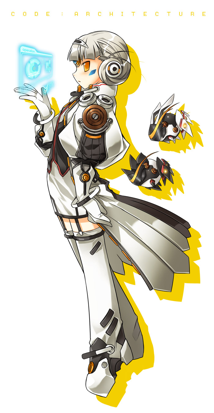 1girl, boots, code:_architecture_(elsword), elsword, eve_(elsword), expressionless, forehead_jewel, full_body, gloves, highres, official_art, profile, puffy_sleeves, ress, short_hair, skirt, solo, thigh-highs, thigh_boots, white_background, white_boots, white_gloves, white_hair, white_skirt, yellow_eyes