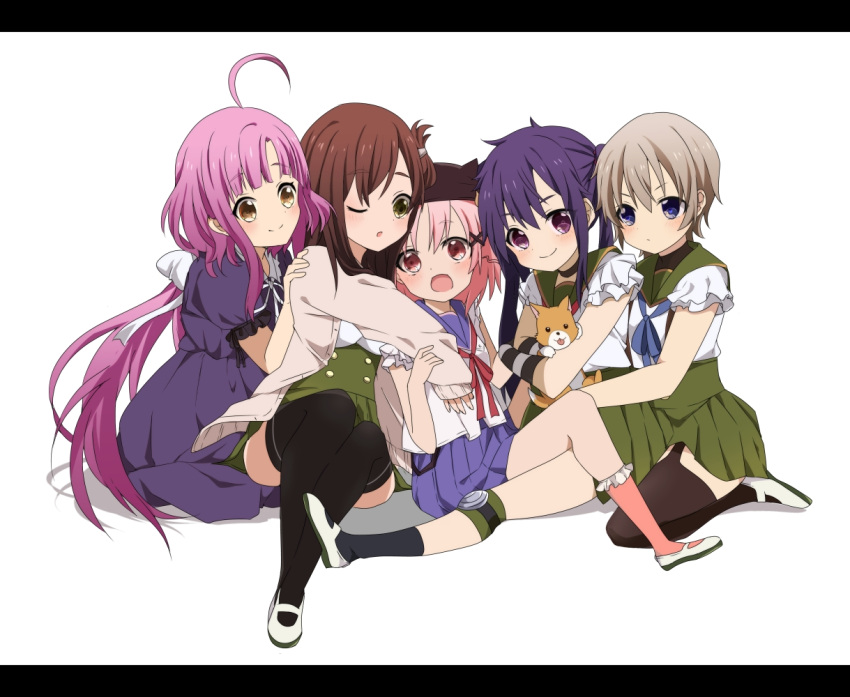 5girls, black_legwear, blonde_hair, blue_eyes, brown_eyes, brown_hair, cardigan, dog
