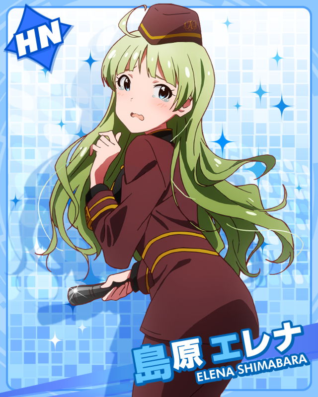 blue_eyes, blush, character_name, frightened, green_hair, hat, idolmaster, idolmaster_million_live!, long_hair, shimabara_elena, uniform