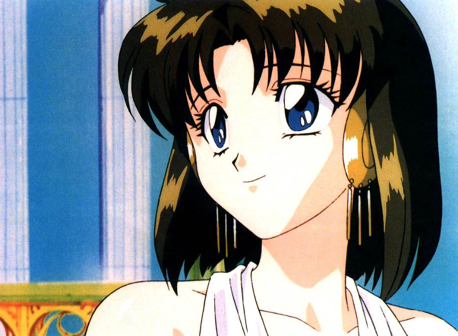 1girl, bare_shoulders, blue_eyes, brown_hair, earrings, jewelry, lilith_(megami_paradise), megami_paradise