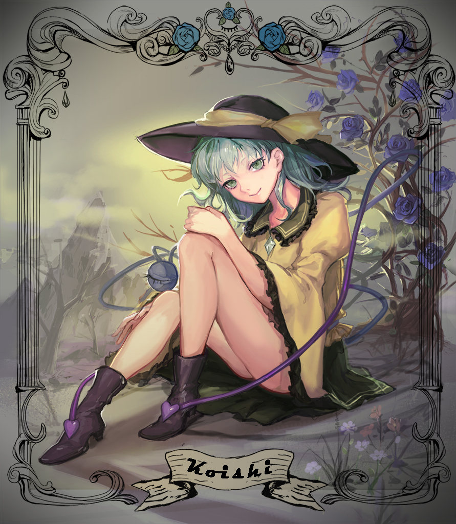1girl, boots, character_name, commentary_request, flower, green_bottomwear, green_eyes, green_hair, green_skirt, hat, komeiji_koishi, long_sleeves, looking_at_viewer, purple_rose, rose, shirt, sitting, skirt, smile, solo, text, third_eye, touhou, wide_sleeves, xiezhua_(amyoy), yellow_shirt, yellow_topwear