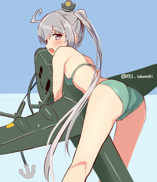 1girl, ahoge, airplane, akitsushima_(kantai_collection), aqua_bikini, bikini, blush, kantai_collection