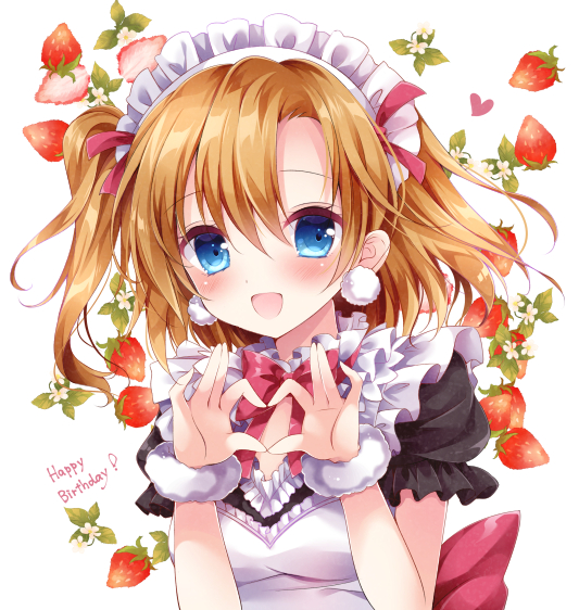 1girl, :d, bangs, blue_eyes, earrings, food, frilled_sleeves, frills