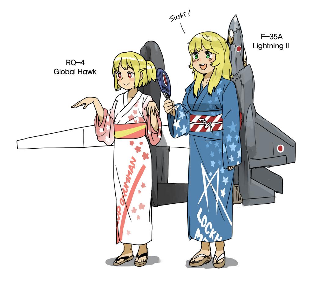 2girls, anyan_(jooho), blonde_hair, character_name, drone, f-35_(flight_highschool), fan, flight_highschool