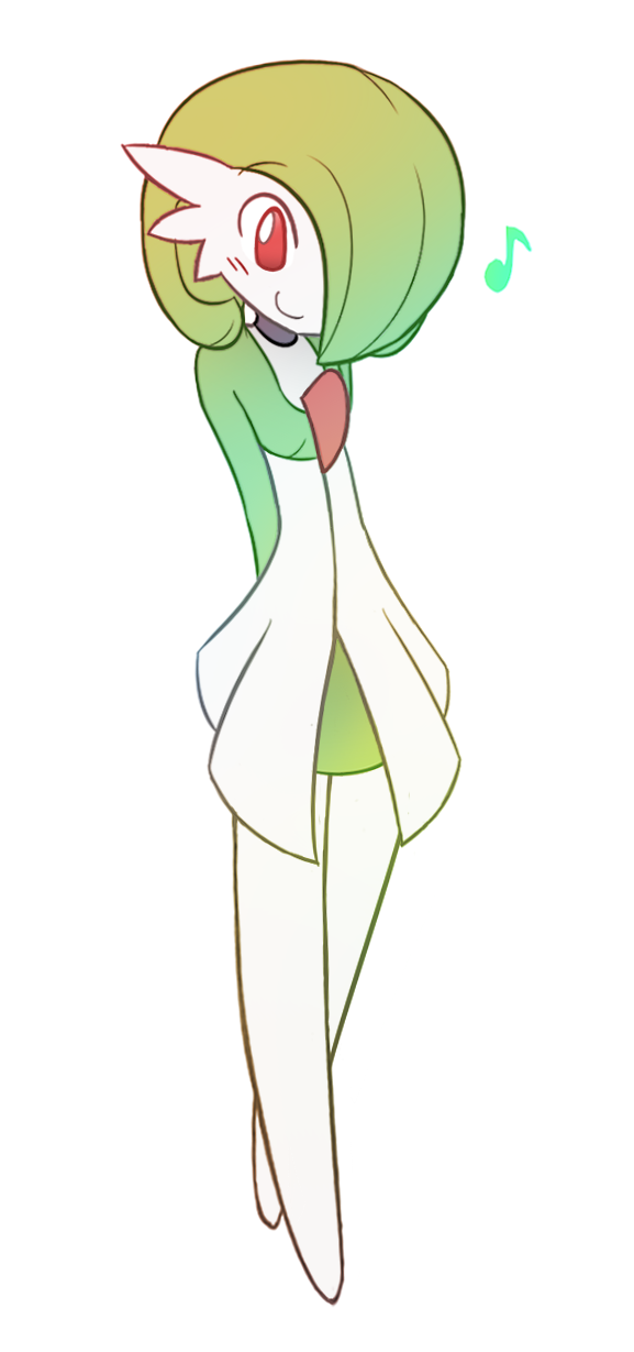 alternate_costume, arms_behind_back, blush, commentary, gardevoir, green_hair, highres, musical_note