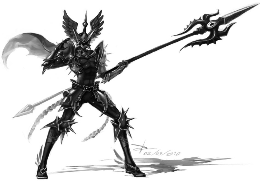 1boy, armor, cape, dated, mask, monochrome, noobest, patapon, personification, polearm, pose, shoulder_armour, shoulder_spikes, solo, spear, spikes, weapon, white_background