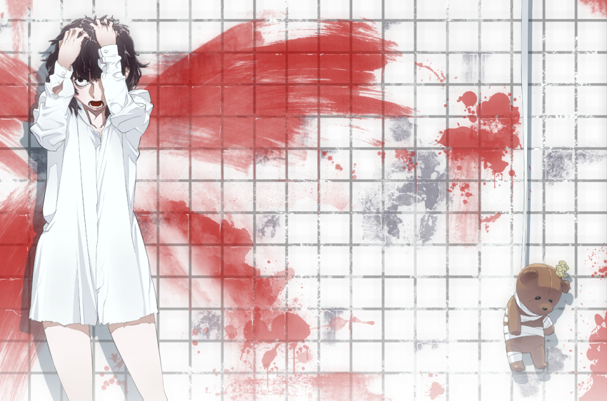 bandage, blood, bottomless, brown_hair, faux_wings, messy_hair, open_mouth, original