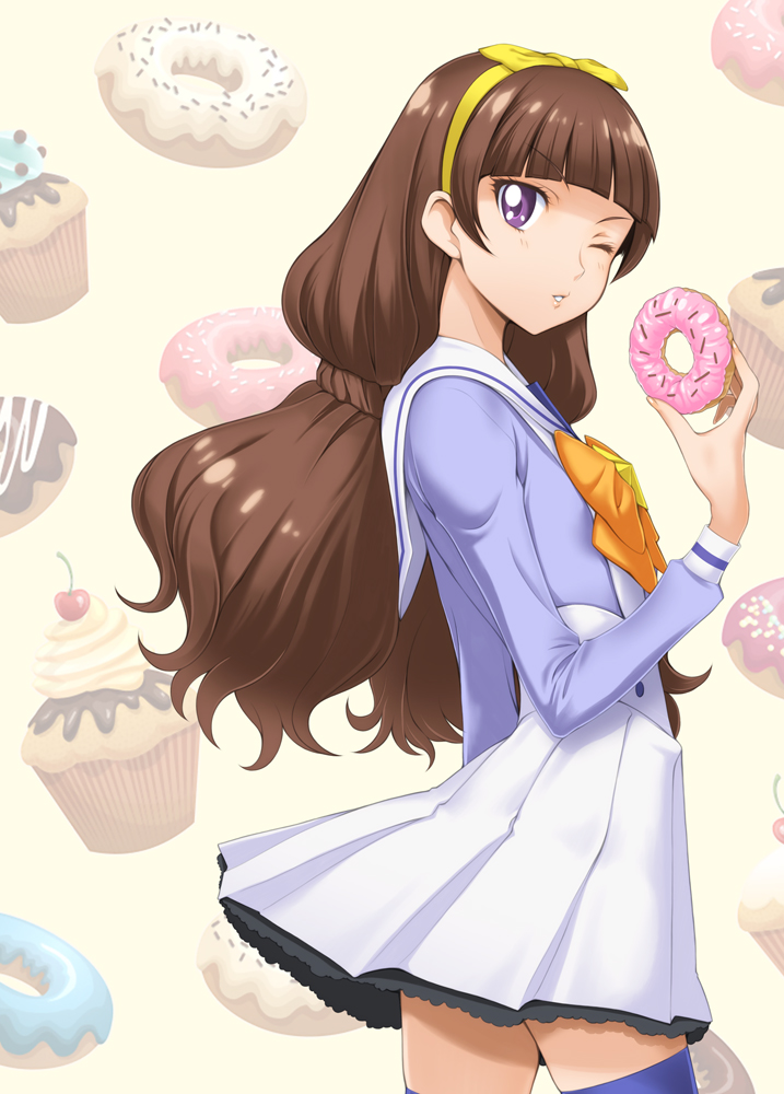 amanogawa_kirara, blush, brown_hair, donuts, dress, go!_princess_precure, long_hair, purple_eyes, twintails, wink