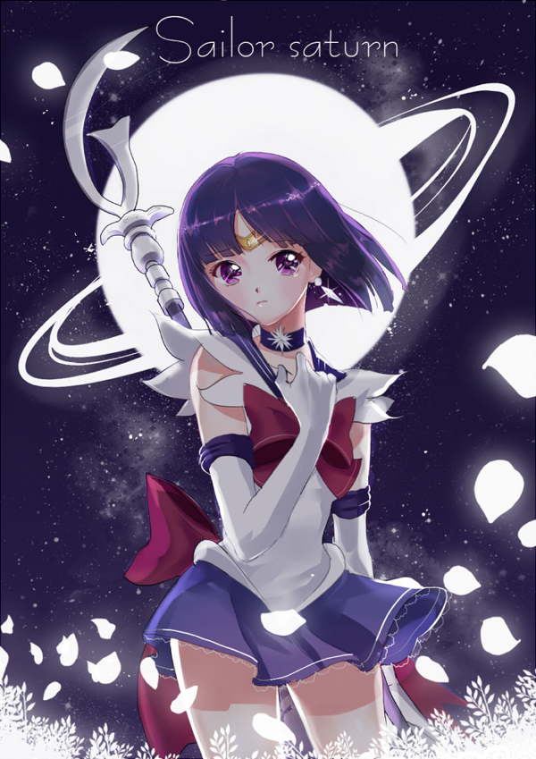 1girl, bishoujo_senshi_sailor_moon, boba, bow, character_name, choker, contrapposto, cowboy_shot, earrings, elbow_gloves, gloves, hand_on_own_chest, jewelry, magical_girl, night, petals, purple_hair, purple_skirt, red_bow, sailor_collar, sailor_saturn, short_hair, skirt, solo, staff, thigh-highs, tiara, tomoe_hotaru, violet_eyes, white_gloves, wind