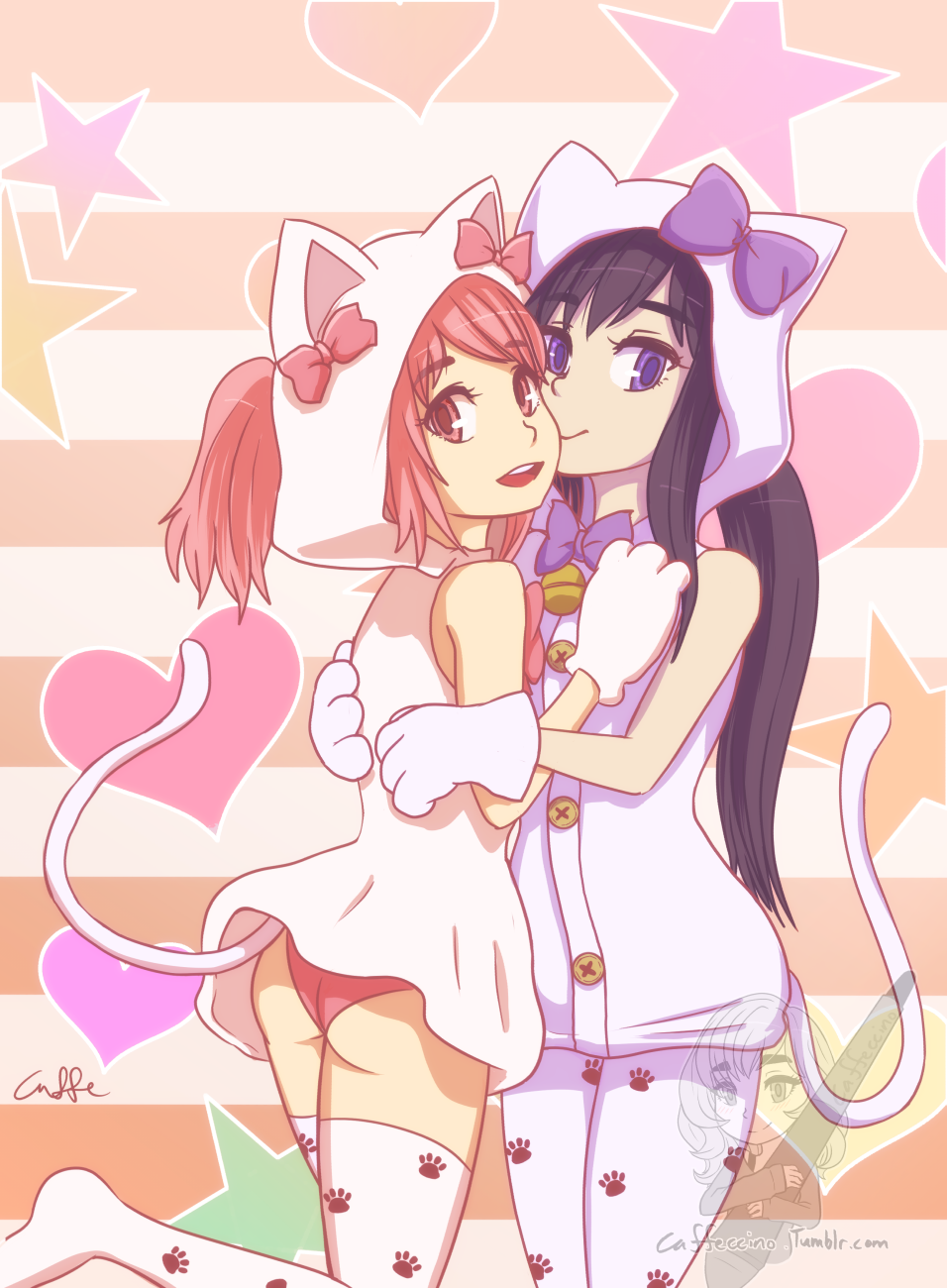 2girls, akemi_homura, ass, bell, black_hair, bow, caffeccino, commentary_request