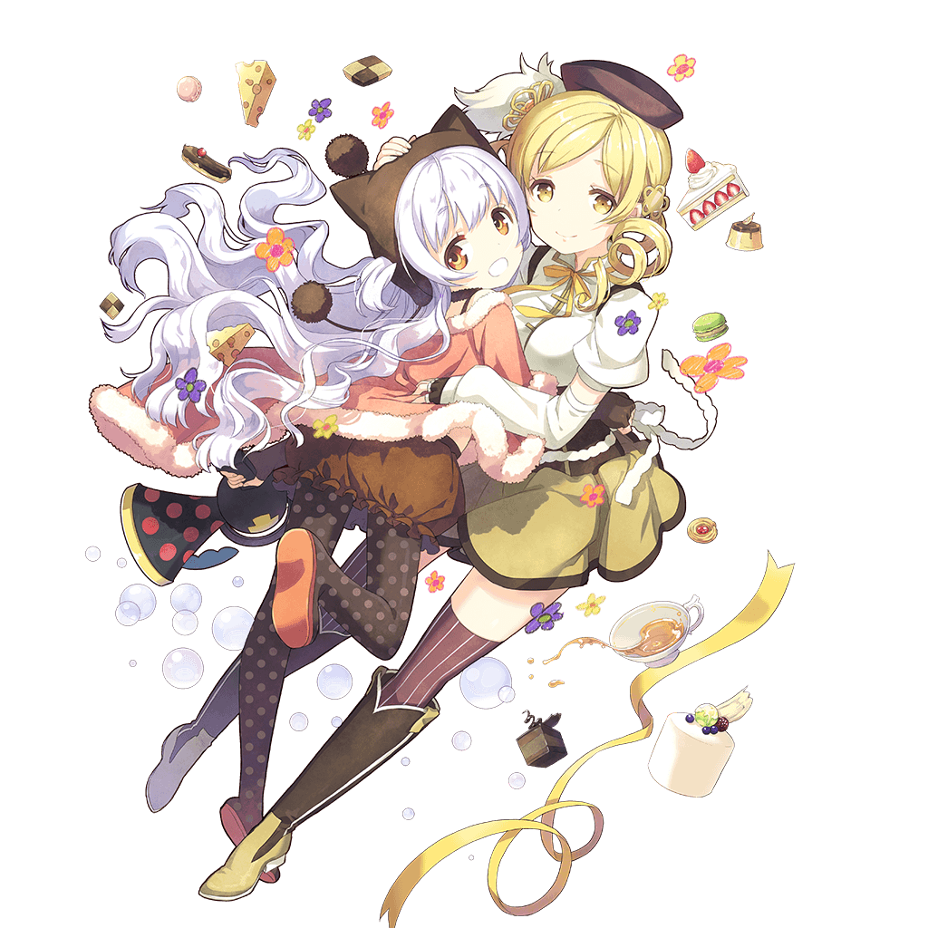 2girls, artist_request, beret, blonde_hair, boots, brown_legwear, bubble, bubble_skirt