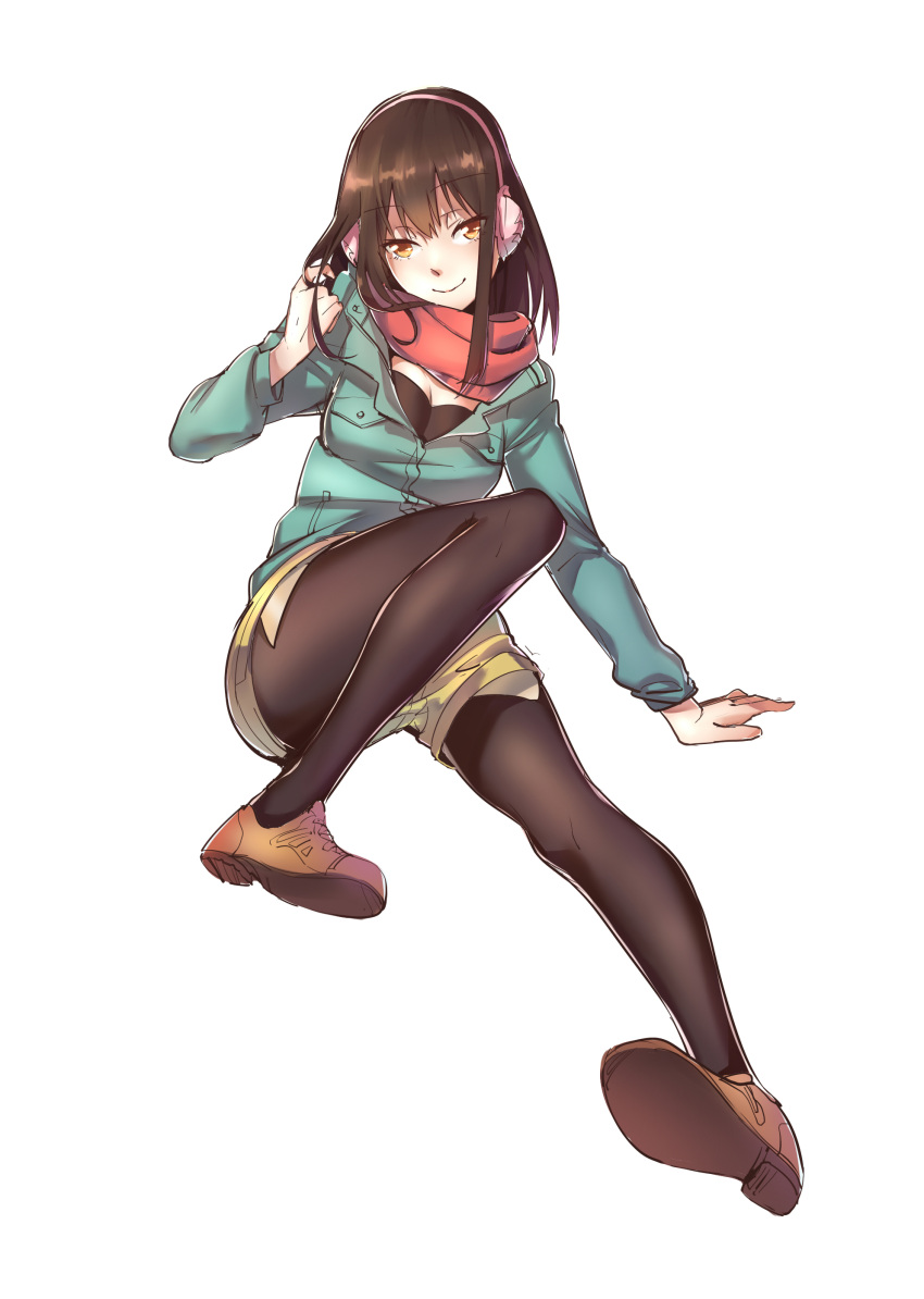 1girl, absurdres, black_legwear, brown_eyes, brown_hair, earmuffs, hair_twirling, highres