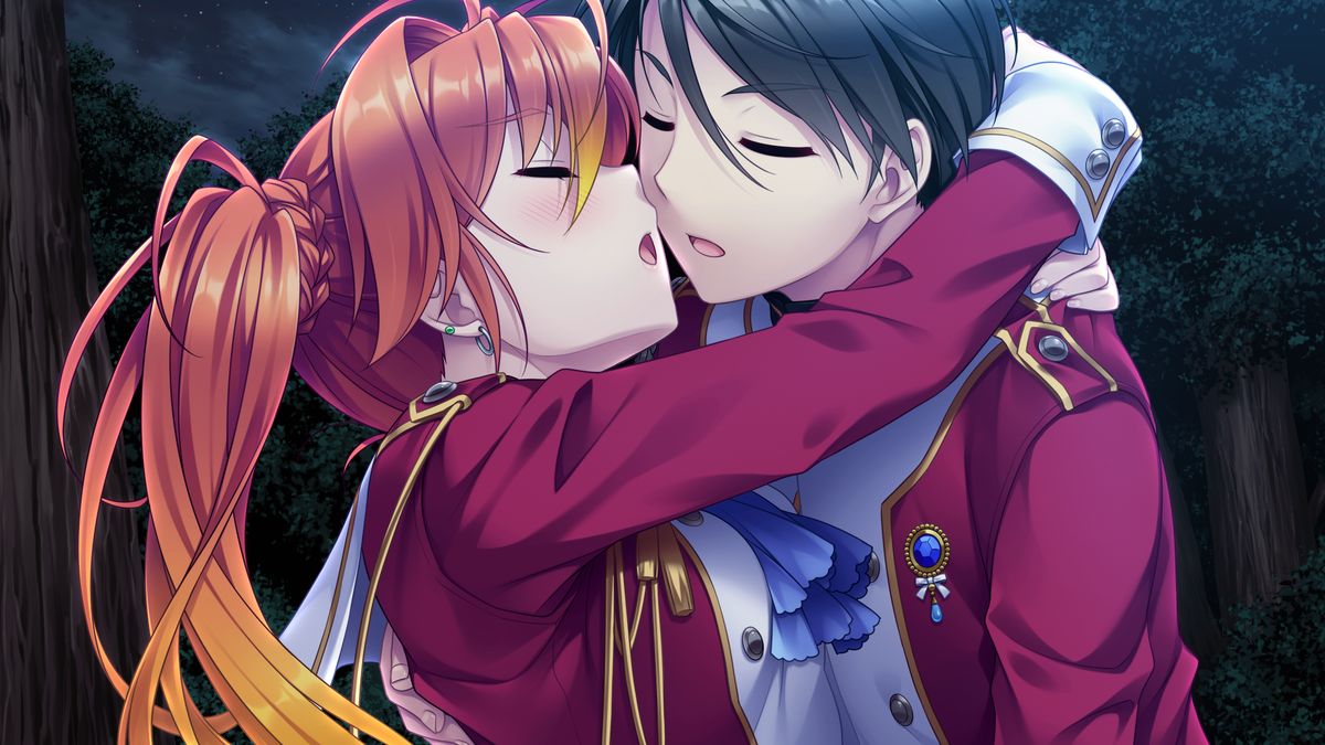 1boy, 1girl, akahito_tamao, bangs, braid, closed_eyes, earrings, game_cg