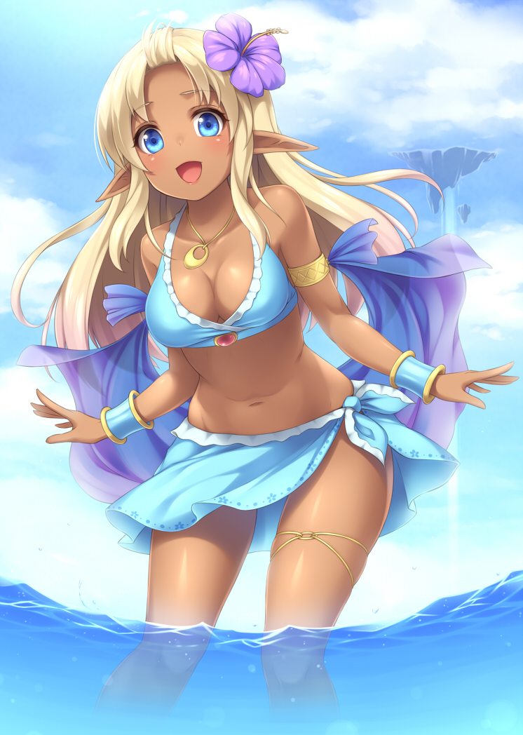 1girl, bikini, blonde_hair, blue_eyes, blush, breasts, cleavage, clouds