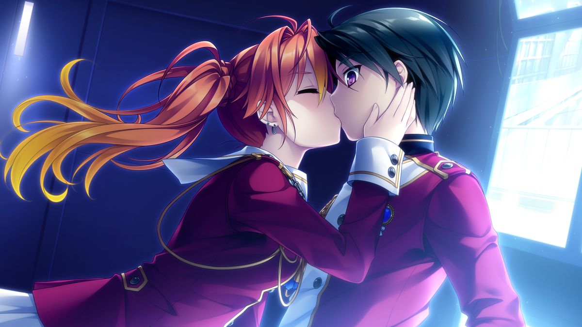 1boy, 1girl, akahito_tamao, bangs, braid, closed_eyes, earrings, from_side