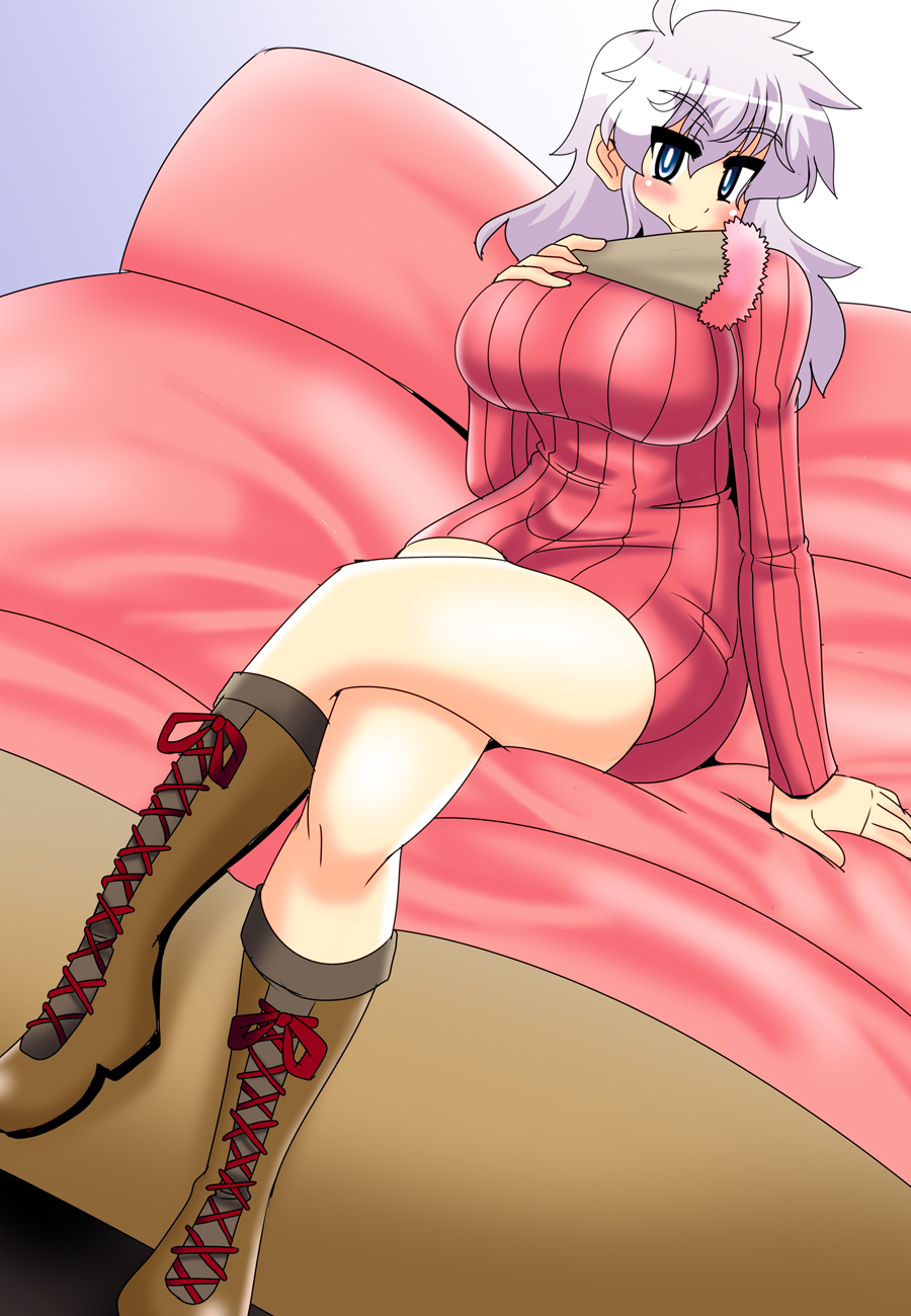 1girl, akasode_(tyaramu), bakusou_kyoudai_let's_&amp;_go!!, blue_eyes, boots, bottomless, breasts, couch, crossed_legs, curvy, grey_hair, highres, janet_sturlson, long_hair, looking_at_viewer, on_couch, ribbed_sweater, smile, solo, sweater