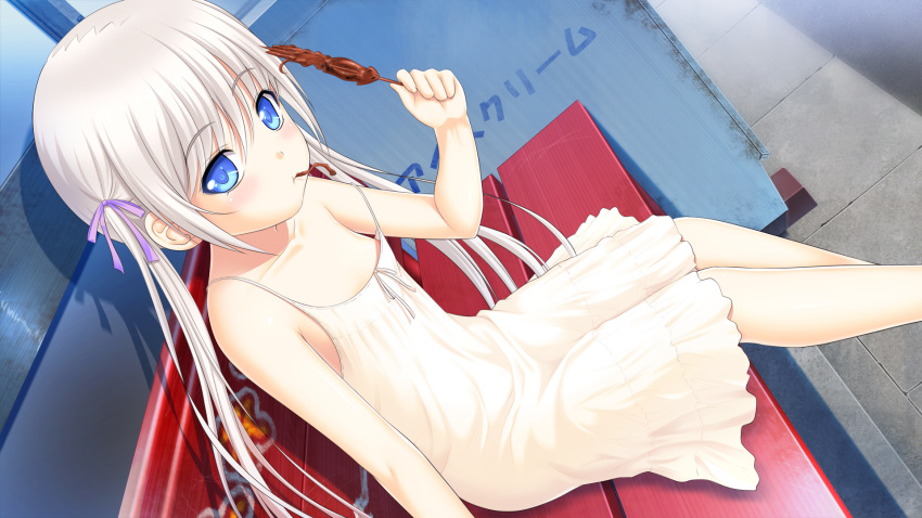 1girl, bench, blue_eyes, blush, child, collarbone, dress, eating
