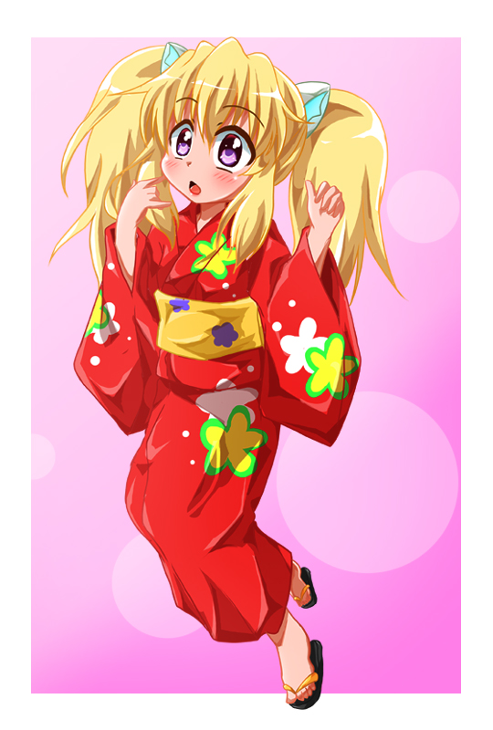 aquarion_logos, blonde_hair, blush, japanese_clothes, kimono, long_hair, open_mouth, sandals
