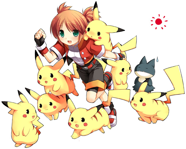 1girl, belt, brown_hair, fingerless_gloves, gloves, green_eyes, hitomi_(pokemon), munchlax, pikachu, pokemon, pokemon_(creature), pokemon_ranger, running, short_hair, shorts, simple_background, sun, sweatdrop, too_many_pikachu, twintails, white_background, yukagen