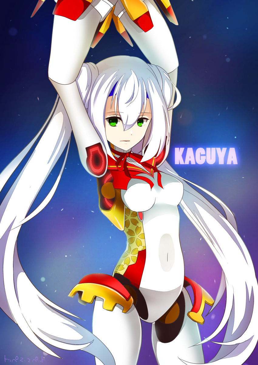 1girl, absurdres, armpits, arms_up, breasts, choker, cowboy_shot, green_eyes